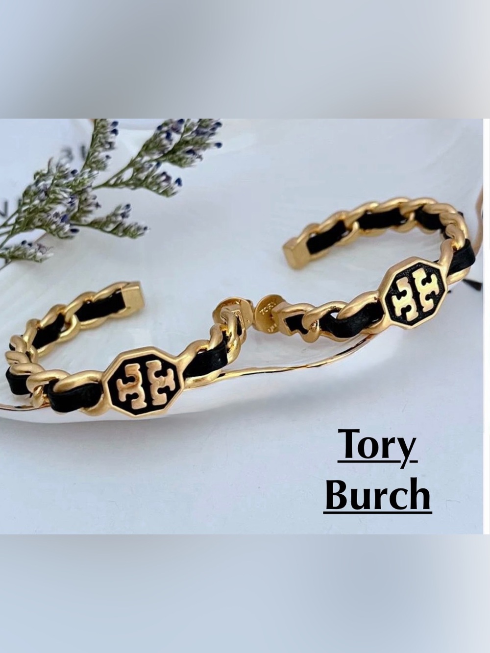 Tory Burch Marion Leather-Woven Logo Chain Hoop Large Earrings - Gold & Black